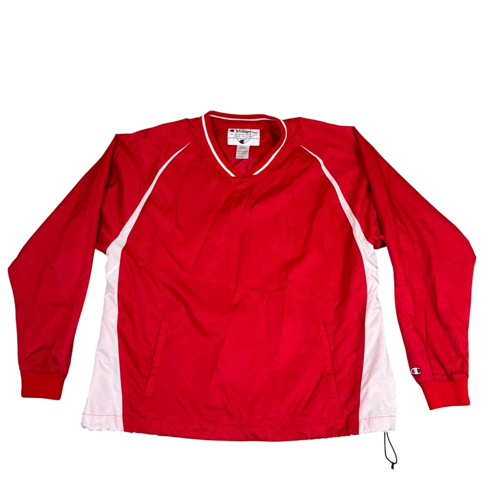 Champion Mens XL Red White V-Neck Windbreaker Pullover Jacket B241-RW